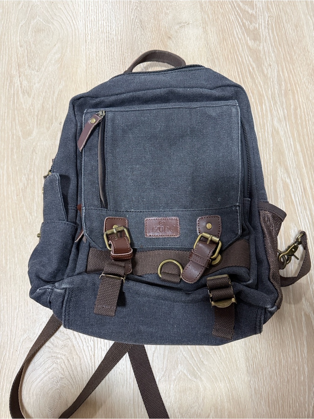 Canvas Daypack Backpack in Charcoal with Brown Leather Trim